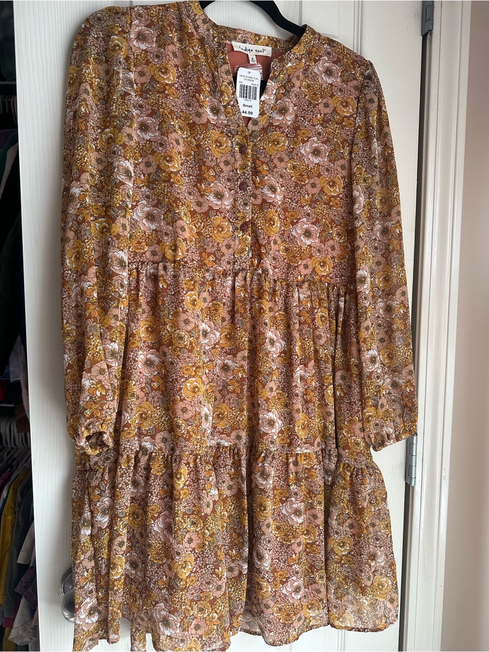 indigo soul Floral Tiered Long Sleeve Dress - Mustard Pink Brown
